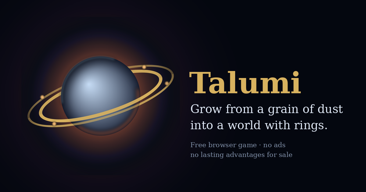 A ringed planet glowing against deep space, the Talumi title screen